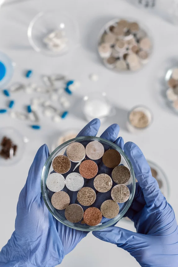 Core samples arranged on a petri dish